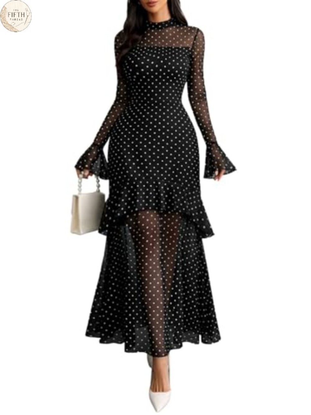 Women Floral Maxi Dress Bell Sleeve Mesh Mermaid Hem Party Wedding Guest